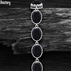 Oval Dark Blue Shinning Stone Strand Bracelets For Women Vintage Look Antique Silver Plated Fashion Jewelry