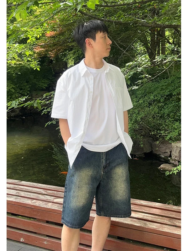 

Мужские летние джинсовые шорты-бриджи в стиле ретро с эффектом потертости, свободного кроя, прямые, для активного отдыха