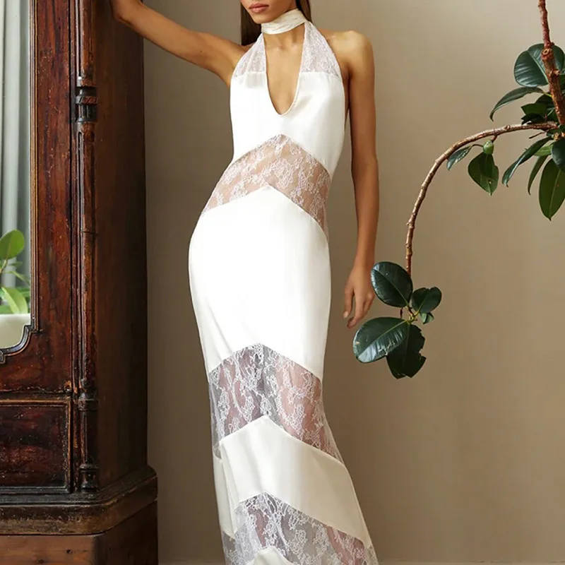 

Hanging Neck Sexy Backless Fashion V-neck Women's Banquet Dress