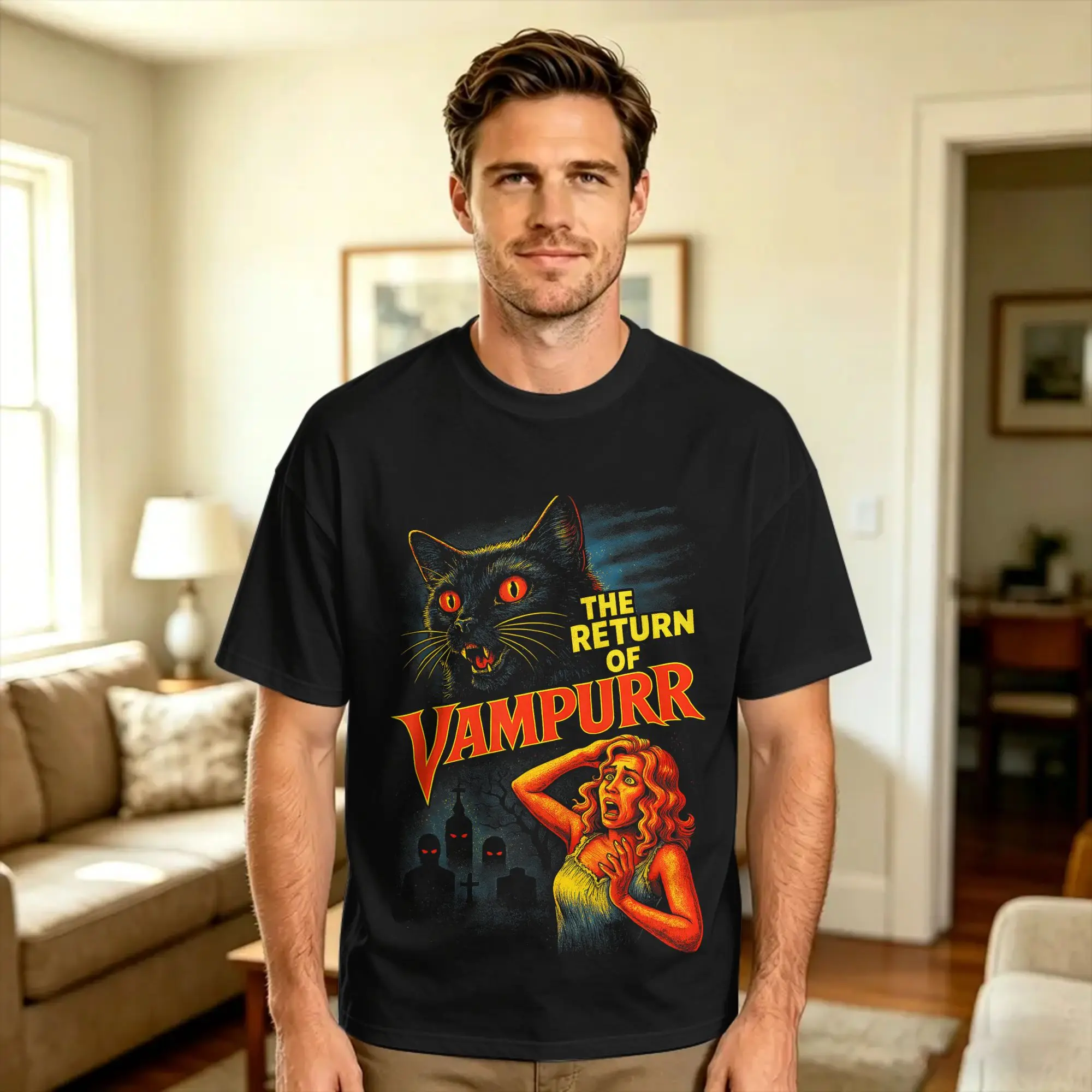 Halloween Cat Vintage 90s Style The Return of Vampurr  Cotton T-Shirt For Man Summer  Vintage T Shirts Leisure Tees Big Size