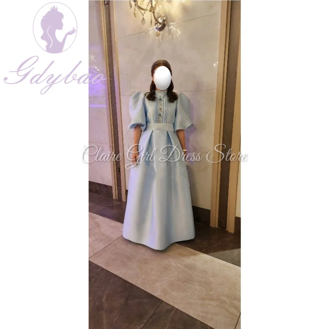 Customized Sky Blue Flower Girl Dresses For Wedding Satin High Neck Half Sleeves Kids Birthday Party First Communion Ball Gown