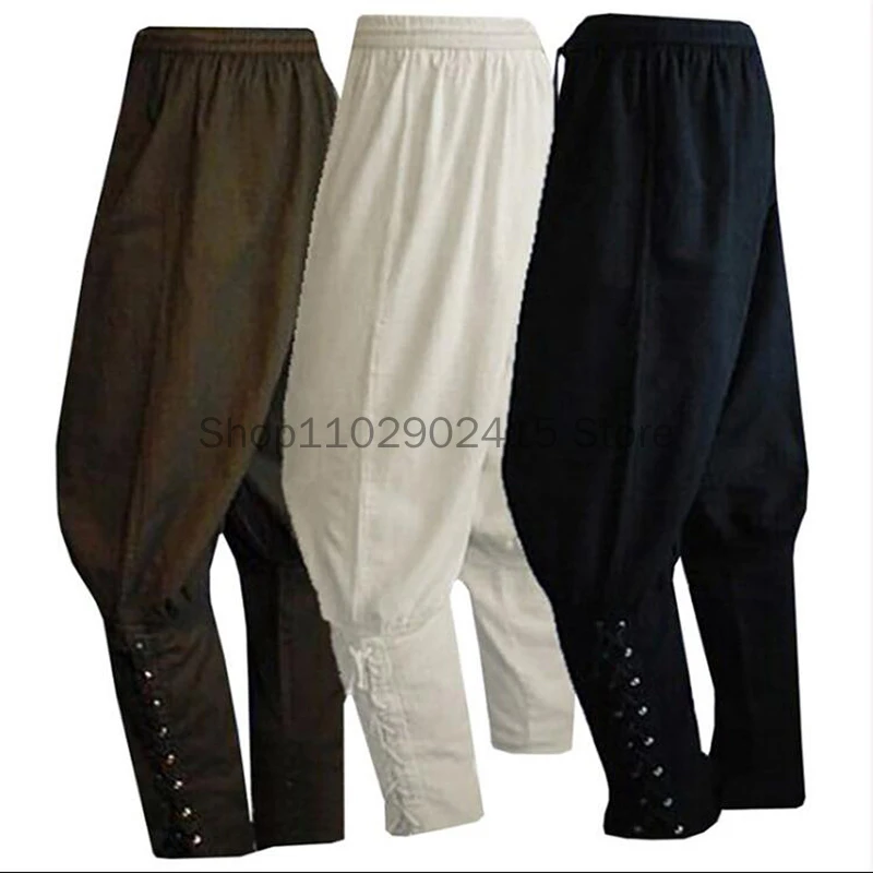 Adult Men Medieval Renaissance Lounge Pirate Horseman Costume Loose Pants Viking Black Brown Navigator Leg Bandage Trouser XXXXL