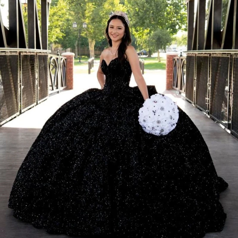 Sparkling Black Quinceanera Dress 2024 Princess Prom Ball Gown Sequined Sweet 16 XV Years Old Miss Birthday Dress Pageant Mexica