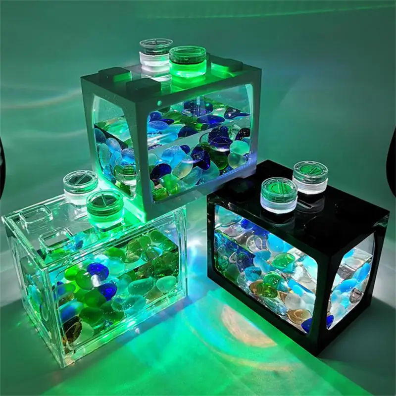 New Small Fish Tank With Seven-color LED Lights Desktop Creative Micro Landscape Ecological Tank Mini Tropical Fish Aquarium