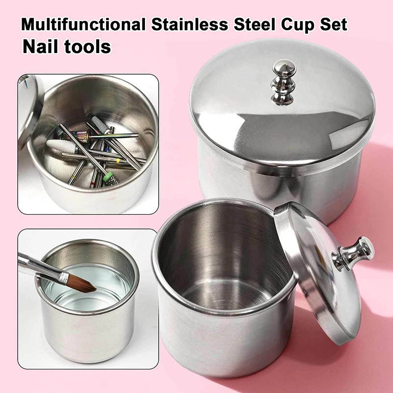 2pcs/set Manicure Acrylic Liquid Powder Stainless Steel Container Tray Dappen Dish Disinfectant Cup With Lid Nail Art Tool