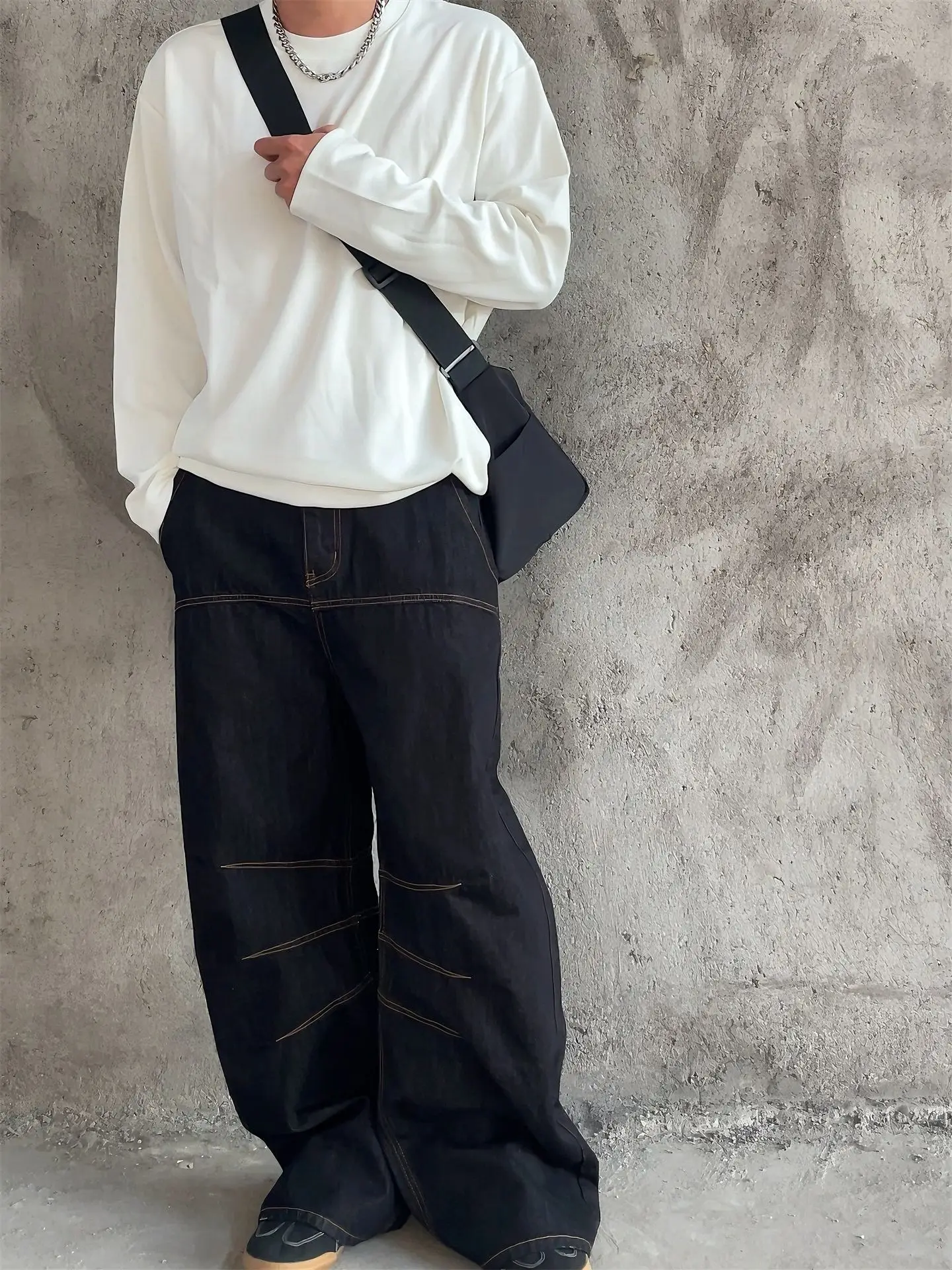 Men's Bright Line Decoration Street Jeans Boy Bottoms High Waist Pants Vintage Spring Sweatpants Male Straight Denim Trousers