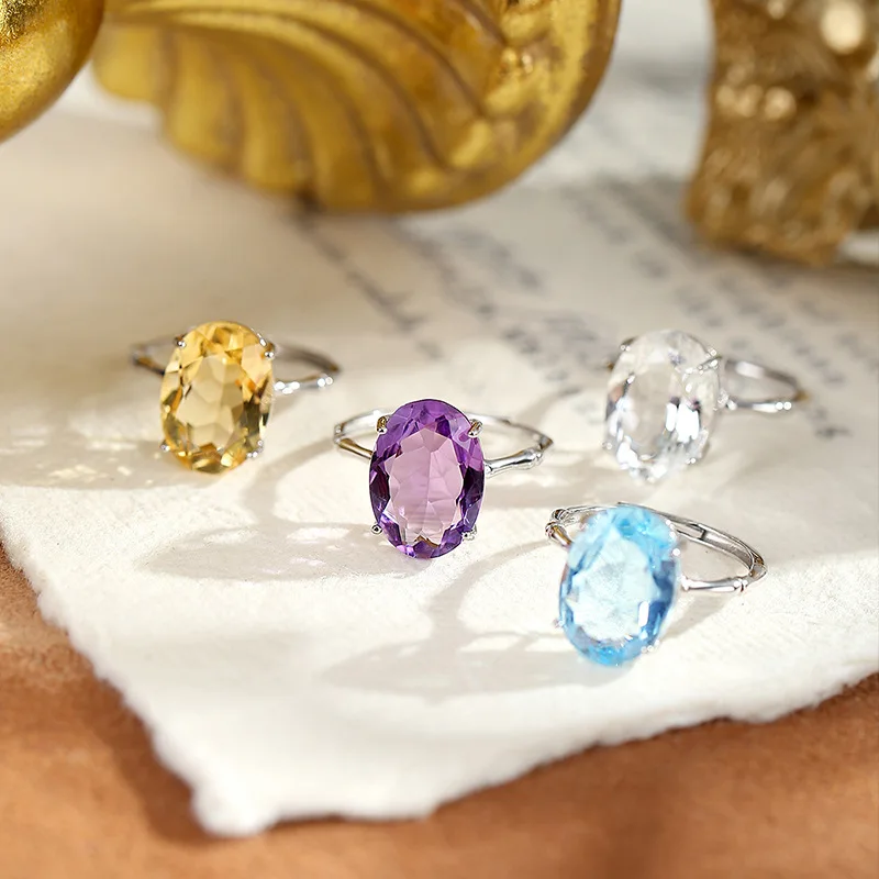 925 Sterling Silver Big Size 14x10mm Resizable Size Ring Natural Topaz Citrine White Crystal Amethyst Fine Jewelry Girl Lady