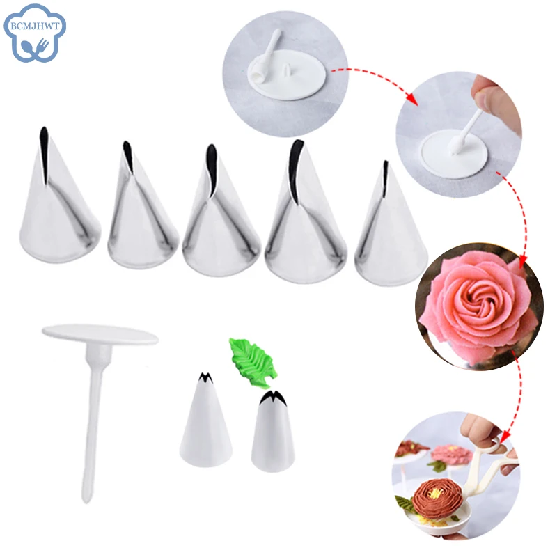 8PCS Rose Blatt Düse Kuchen Tipps Set Creme Dekoration Icing Piping Pastry Düsen Cupcake Dekorieren Werkzeug Backformen