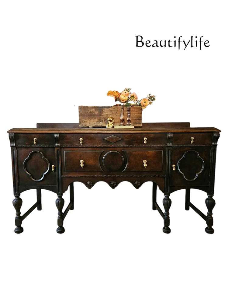 

American simple retro solid wood porch cabinet, living room high-end carved storage and dining side cabinet
