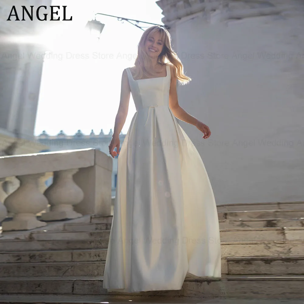 

ANGEL Simple A-line Satin Wedding Dresses Square Collar Vintage Floor Length Suknia ślubna Spaghetti Straps Zipper Backless