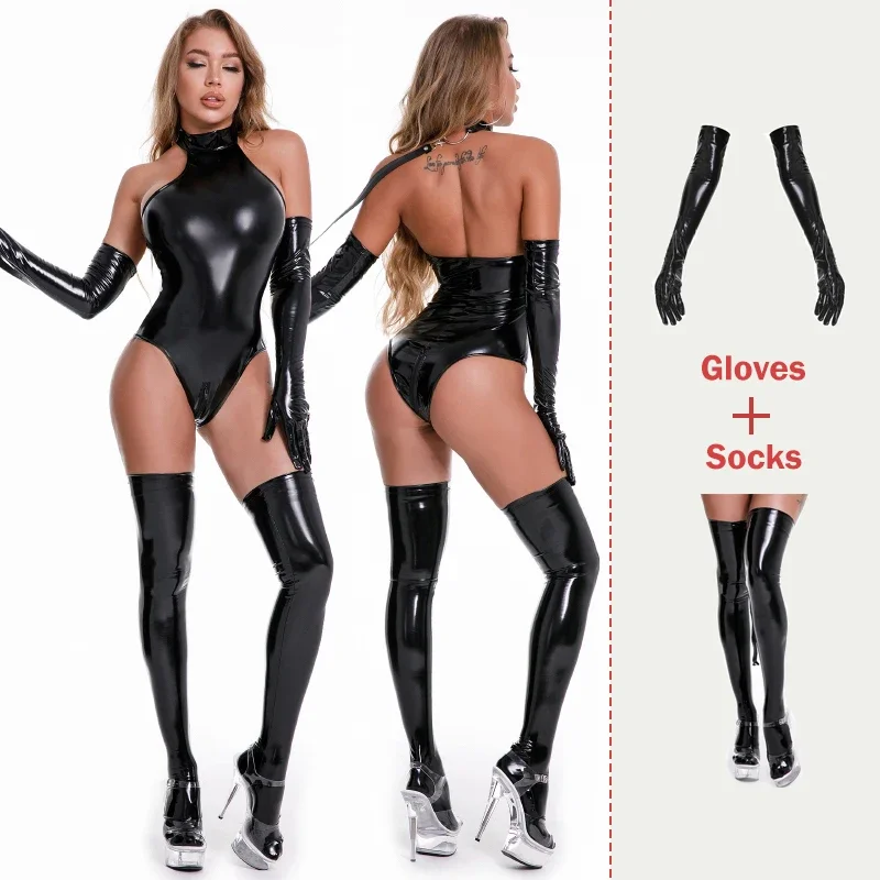 AIIOU Sexy Faux Leather Bondage Bodysuits Sexi Teddy Lingerie Women Erotic Bodysuit with Gloves and Socks Mistress Sex Costumes