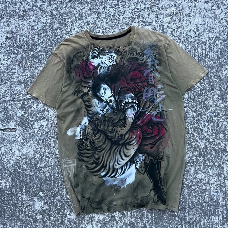 Affliction Wu Song Fights the Tiger T-Shirt Men Retro Gothic Short Sleeves Y2K Street Tops China Style