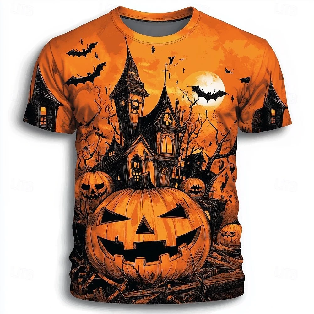 Camiseta de manga corta con cuello redondo y estampado de calabaza, murciélago y castillo, con temática de Halloween, para uso diario informal y fiestas
