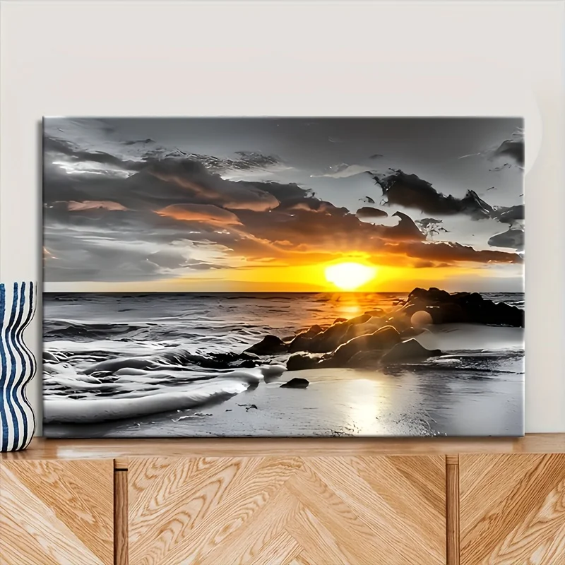 (No frame)2D Flat, 1 Unique Style Solid Wood Frame Canvas Painting 'Sunrise Beach Black and White Ocean Landscape'_ Perfect f