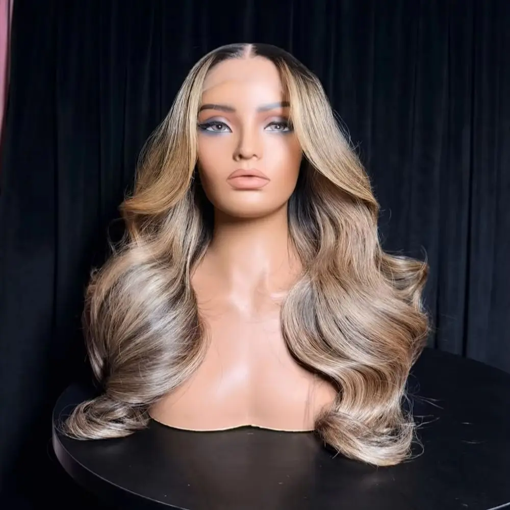 200% Balayage Blonde Highlight 13x4 Lace Front Wig Body Wave Wig Synthetic HD Ombre Honey Blonde Mixed Color Lace Frontal Wig