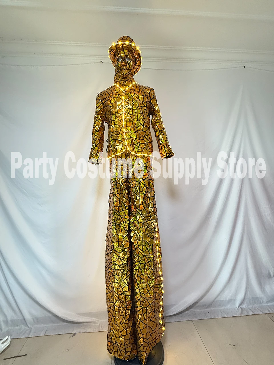 Costume da trampoli con paillettes a specchio LED: vestito da robot walker per spettacoli teatrali, eventi DJ