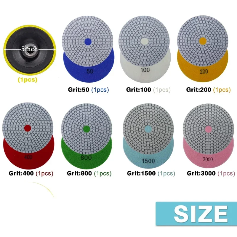 8Pcs 5 Inch 125mm Diamond Polishing Pads Kit Wet/Dry for Granite Stone Concrete Marble Polishing Use M14 Grinding Discs Set