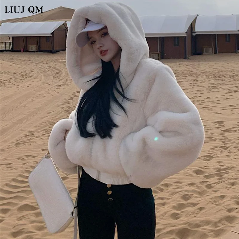 Faux Fur Coat Women 2023 Winter Clothing New Fashion Mink Fur Short Parka Furry Horn Buckle Hooded Faux Jacket Female Large Size