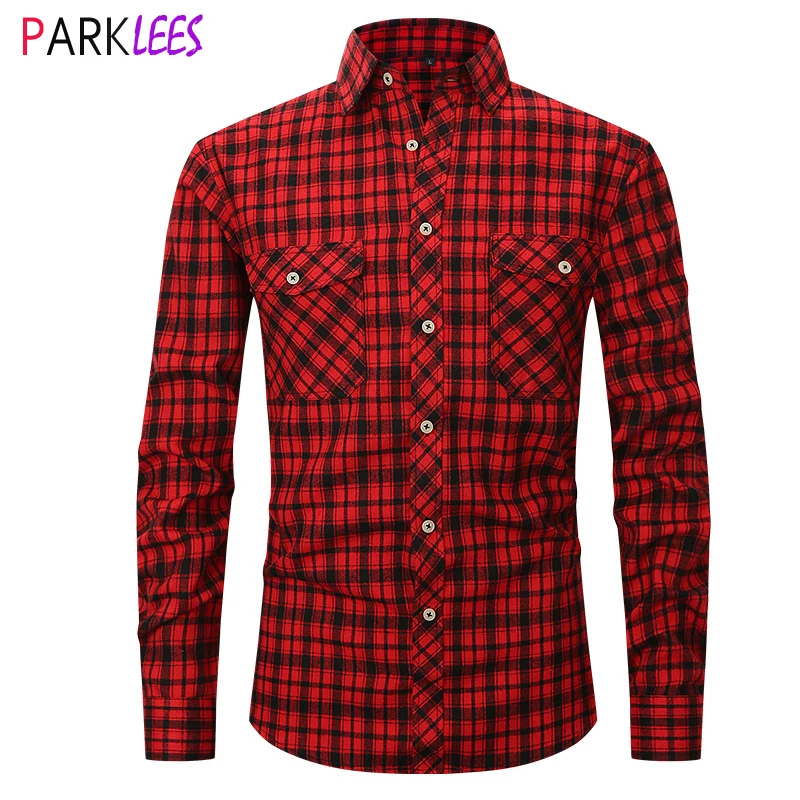 Red Black Plaid Button Down Shirt Men Double Pocket Checkered Brushed Flannel Shirts Mens Button Down Business Formal Chemise