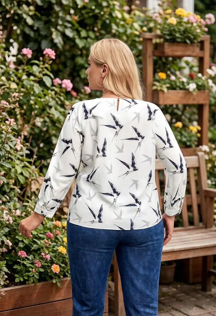 Women Bird Print Blouse Chiffon Top 3/4 Sleeve Crew Neck Casual Loose Fit Summer Shirt view 2