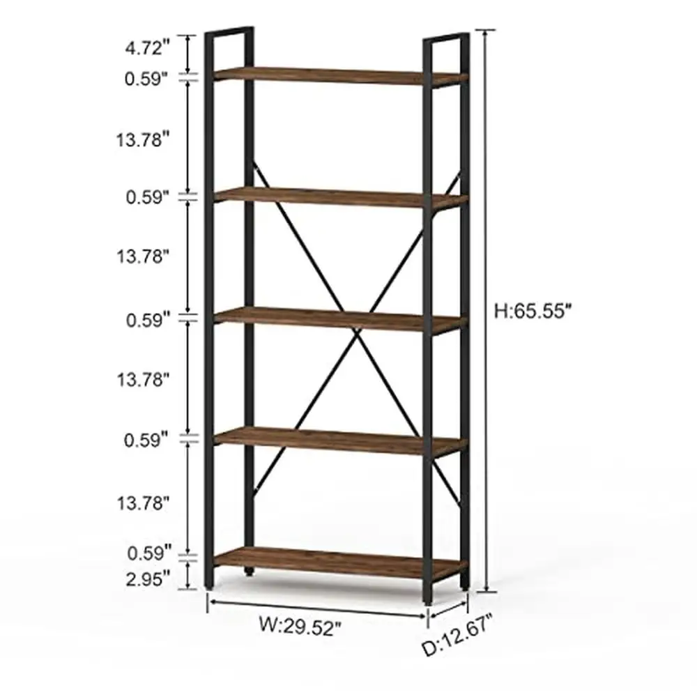 Etagère à Bibliothèque Rustique en Bois et Métal à 5 Niveaux, Unité de Rangement de Style Industriel T1