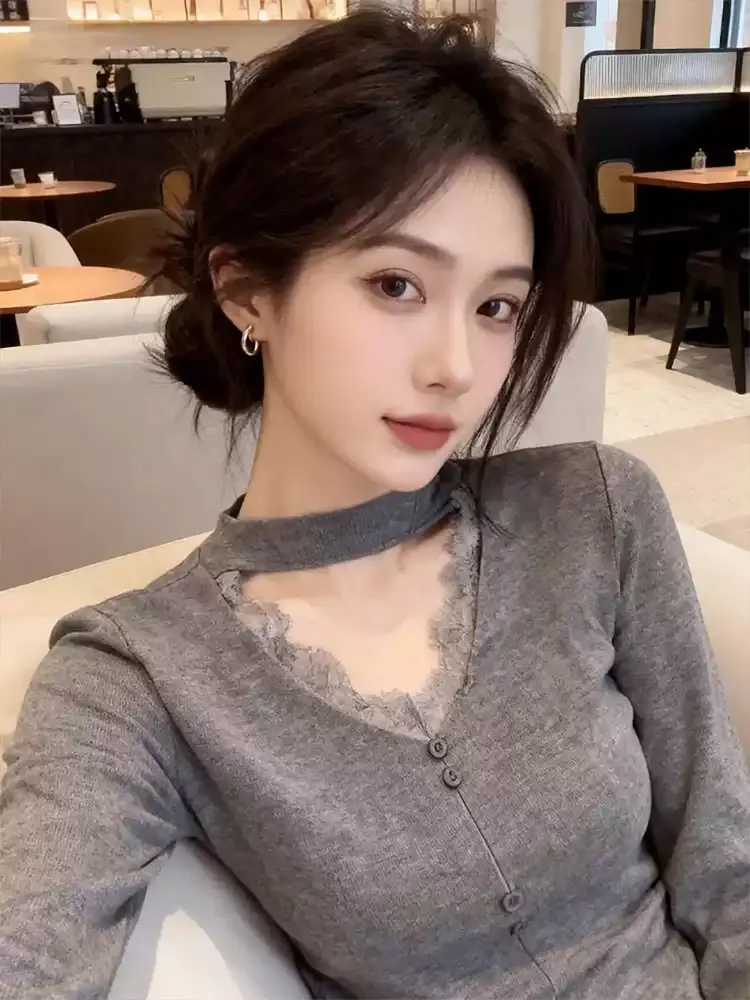 

Retro ey Lace Splicing Knitted Sweater Women's Inner Wear Autumn Winter Slim Fit V-Ne Long Sve Unique Sle Top