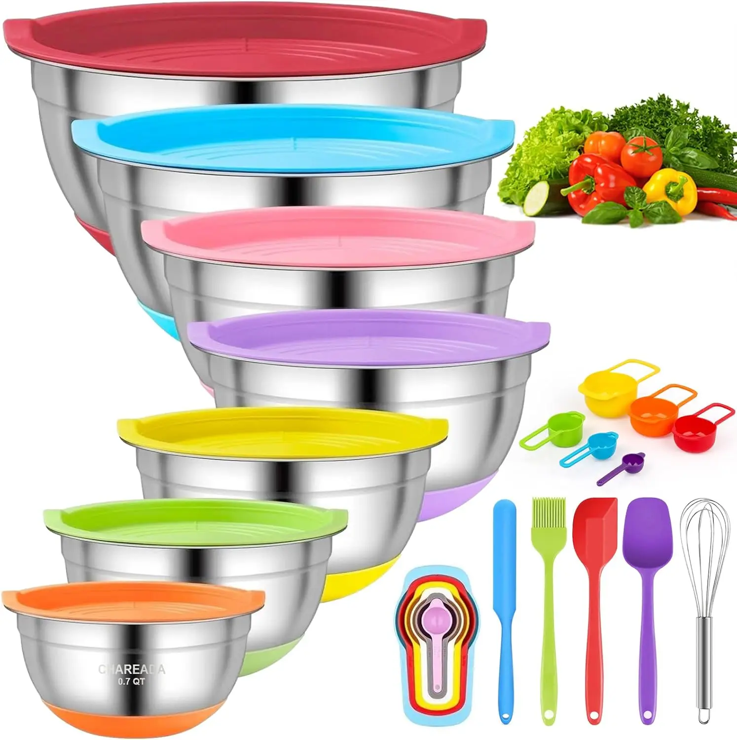

18pcs Stainless Steel Mixing Bowls with Airtight Lids, Non-Slip Silicone Bottom, 7 Sizes, Space-Saving Nesting Set for Kitchen