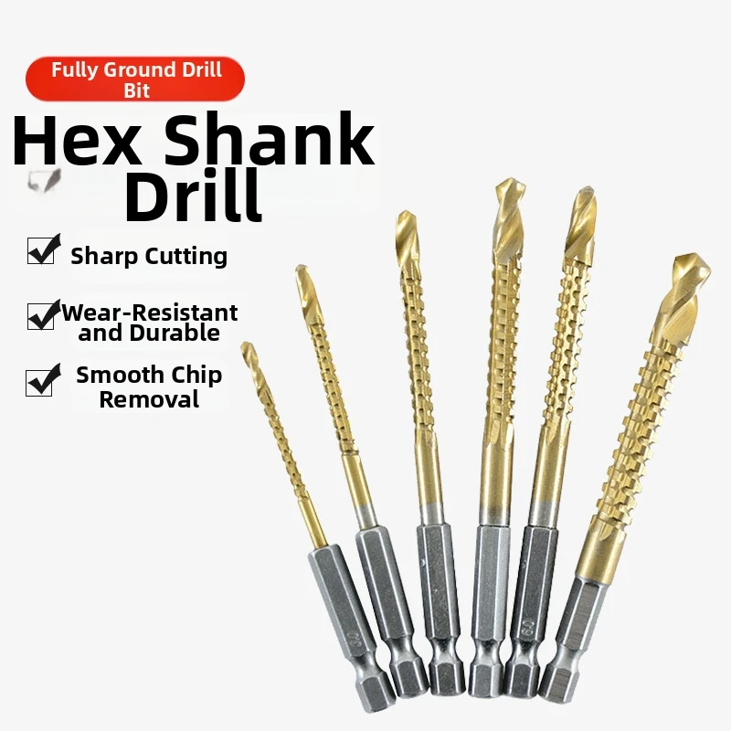 

6 шт./компл. сверла из быстрорежущей стали с титановым покрытием, зубчатые спиральные сверла с шестигранным хвостовиком для сверления дерева, алюминиевого сплава, пластика