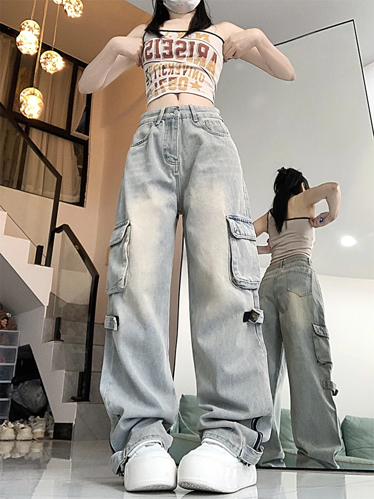 Damskie niebieskie dżinsy Cargo Harajuku 90s Streetwear Denim Trousers Y2k Jean Pants Vintage Japanese 2000s Style Trashy Clothes 2024