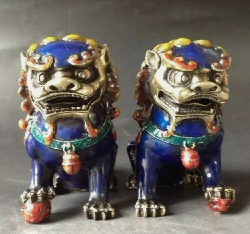 Old Fengshui bronze Cloisonne Guardion Fu Foo Dogs Lion beast statue pair