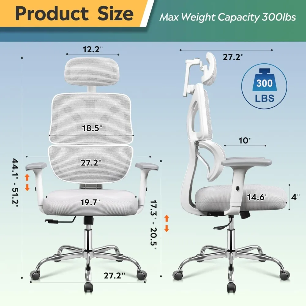 Office Chair Big and Tall Reclining Ergonomic Desk Chair for Long Hours, Comfy Breathable Mesh, Adjustable Armrests