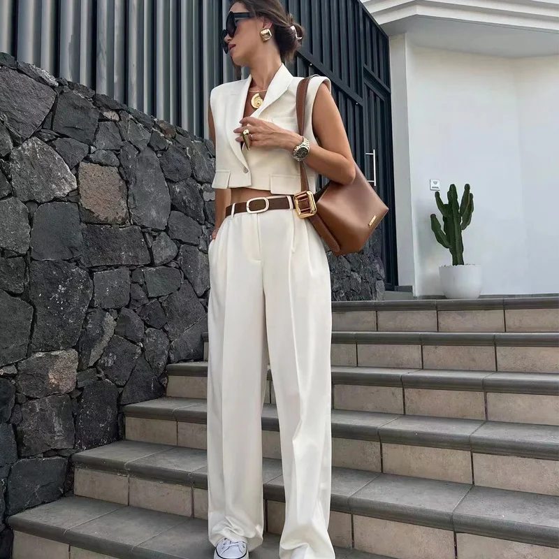 TRAF Pants Sets For Women 2 Pieces Outfit 2024 Summer Trousers Sets Cropped Tank Vest Top Baggy Pants Elegant Women\'s Suit