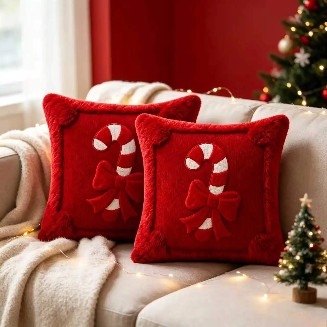 Christmas Candy Cane Bow Throw Pillow Cover Red Festive Cushion Case for Sofa Bedroom Holiday Home Xmas Decor Pillowcase