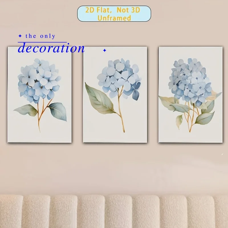 2D Flat, 3pcs Set, 2D Flat Print, Unframed Poster Decorative Painting, Hydrangea Watercolor Set - Light Blue Hydrangea Canvas