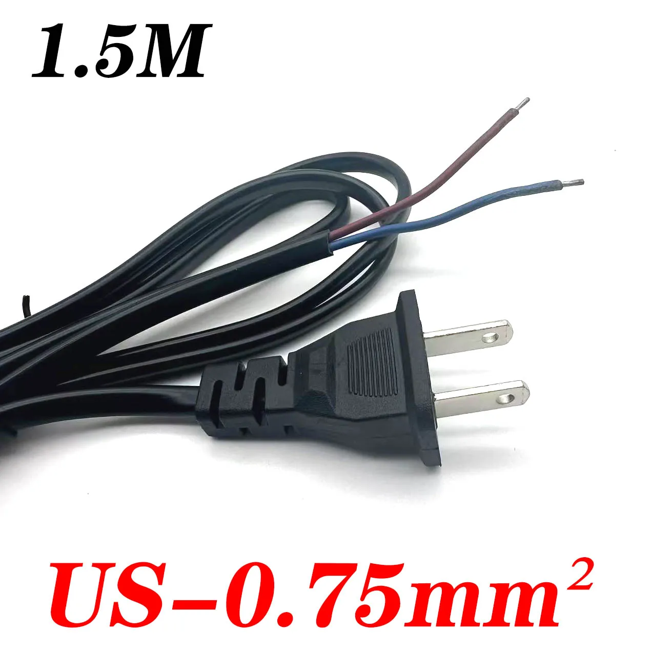 America 2 Prong US Stripped Extension Cable 2 Pin Electrical Power Supply Cord LED Light AC Power Cable Black 1.5M