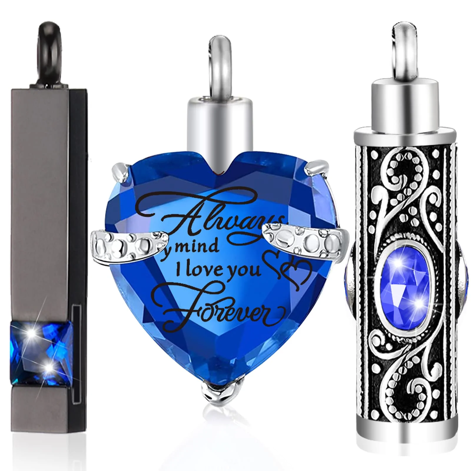 3 Pieces Cremation Urn Necklace for Ashes Keepsake Cremation Jewelry Vertical Bar/Heart/Cylinder Urn Necklace