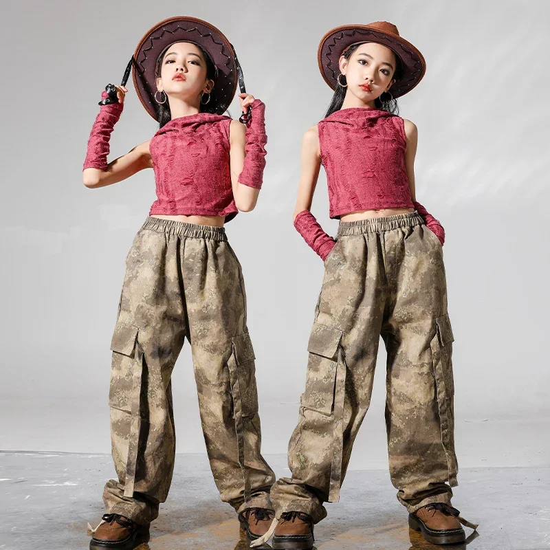 Girls Hip Hop Crop Hoodie Tops Camo Cargo Pants Teenage T-shirt Street Dance Shorts Kids Streetwear Children Jazz Clothes Sets