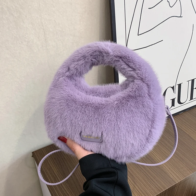 Half Moon Design Faux Fur Handbags Winter Luxury Evening Clutch Bag For Women Small Semicircle Leather Shoulder Crossbody Bags