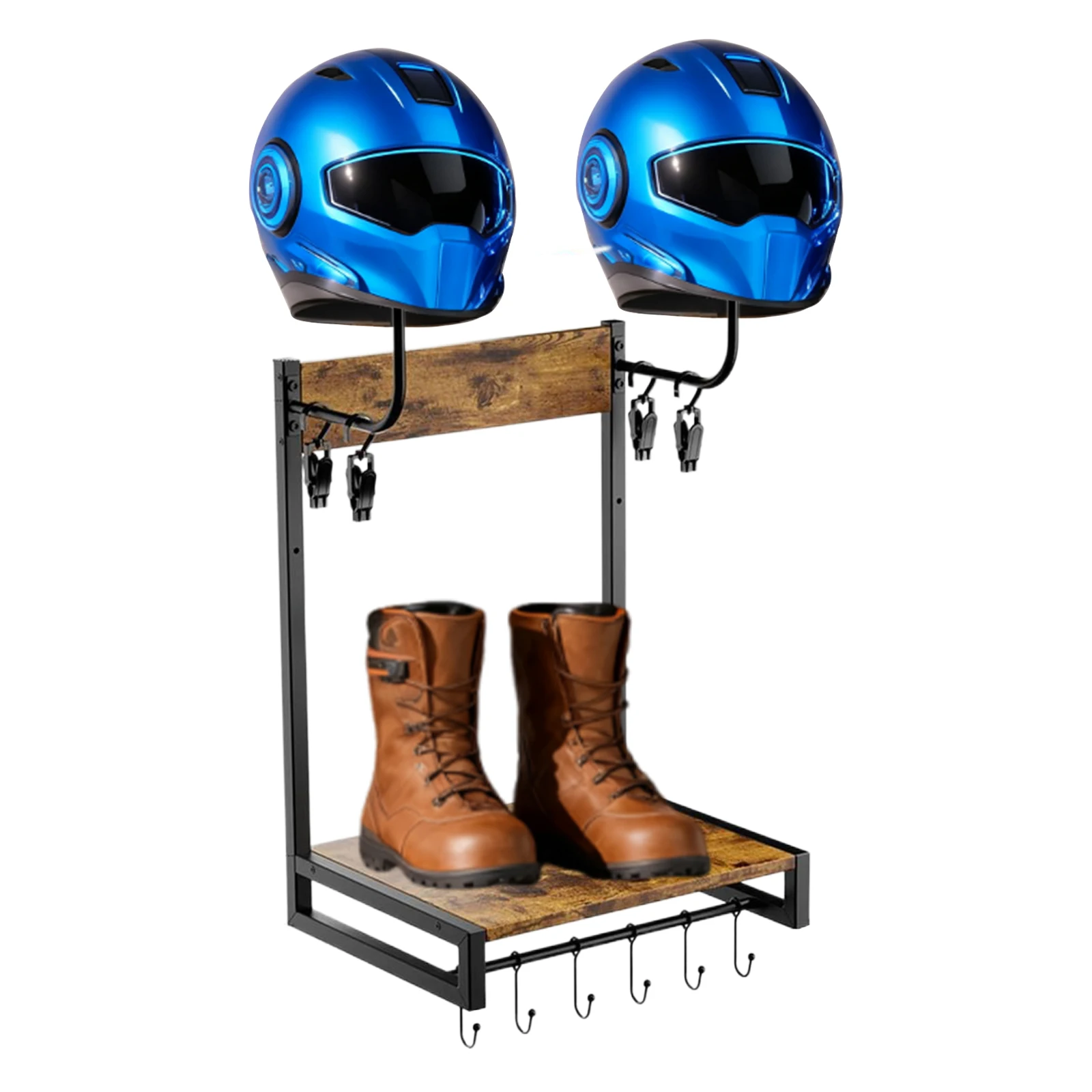 حامل خوذة دراجة نارية خشبي مع خطافات منظم خوذة حامل خوذة معدني لتخزين ملحقات الدراجات النارية