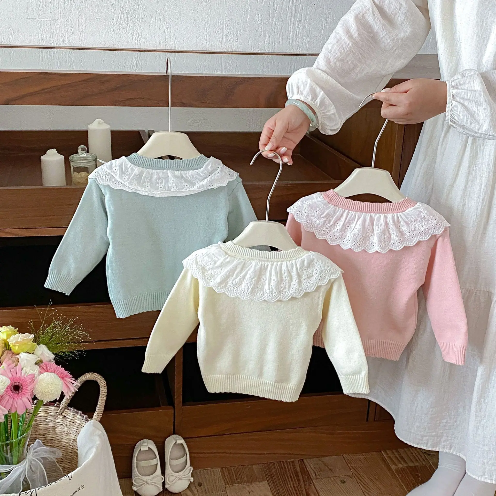 2026 Autumn New Girls Long Sleeve Knitted Coat Cute Sweet Baby Girl Lace Lapel Sweater Cardigan Solid Infant Toddler Clothes