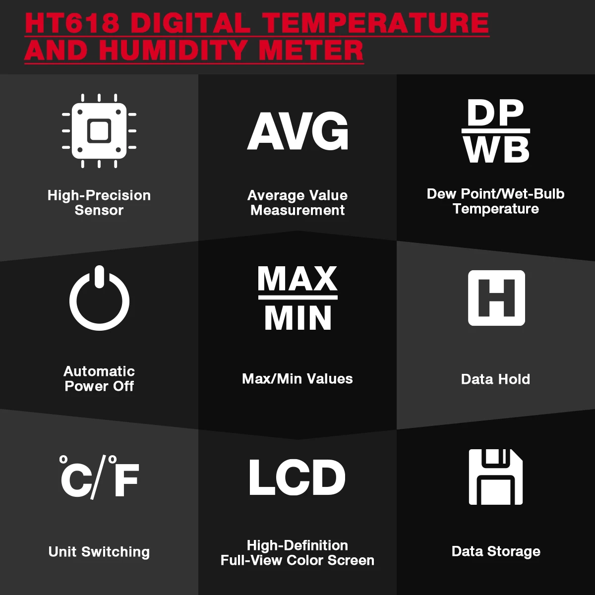 HABOTEST HT618 Digital Psychrometer Thermometer Hygrometer with Backlight Temperature and Humidity Meter with Dew Point