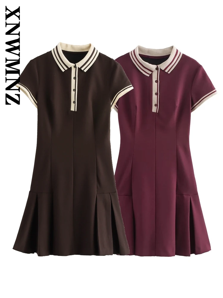 XNWMNZ Woman 2024 Summer Vintage polo Collar Ruffles Dress Female Casual Short Sleeve Solid Color Top Pleated Skirt Mini Skirt