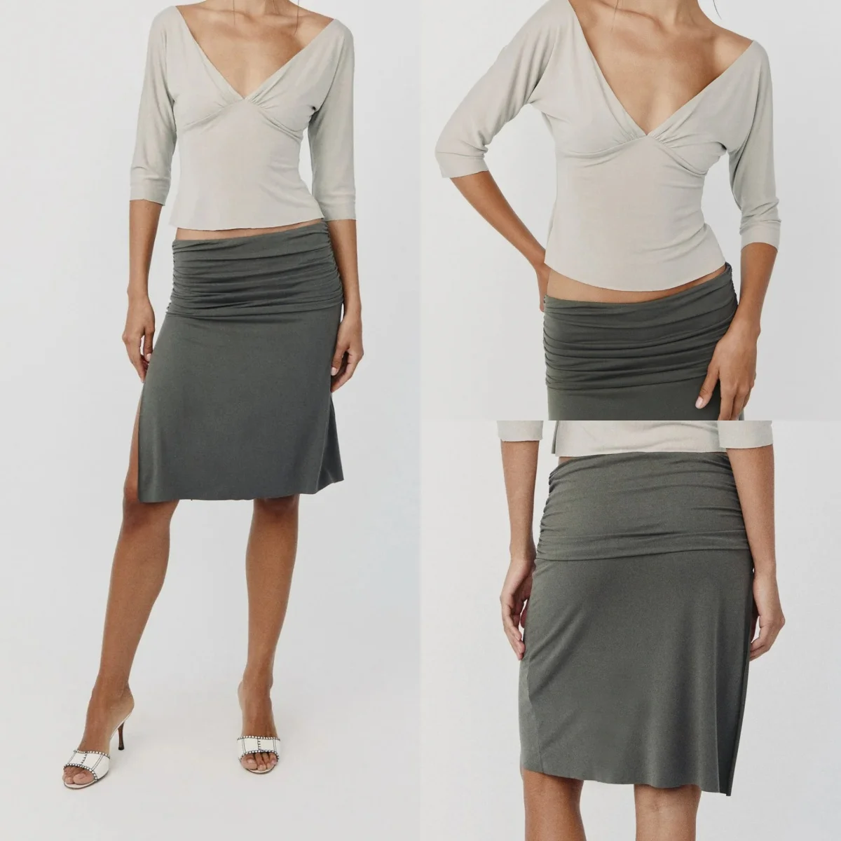 

Wj V-Neck Pleated Mid-Sleeve Top, High-Waisted Pleated Slit Midi Skirt, Stylish Slim-Fit Drapey Hot Girl Style Bodycon Skirt, Slim-Fitting Stretchy Knit Base Shirt