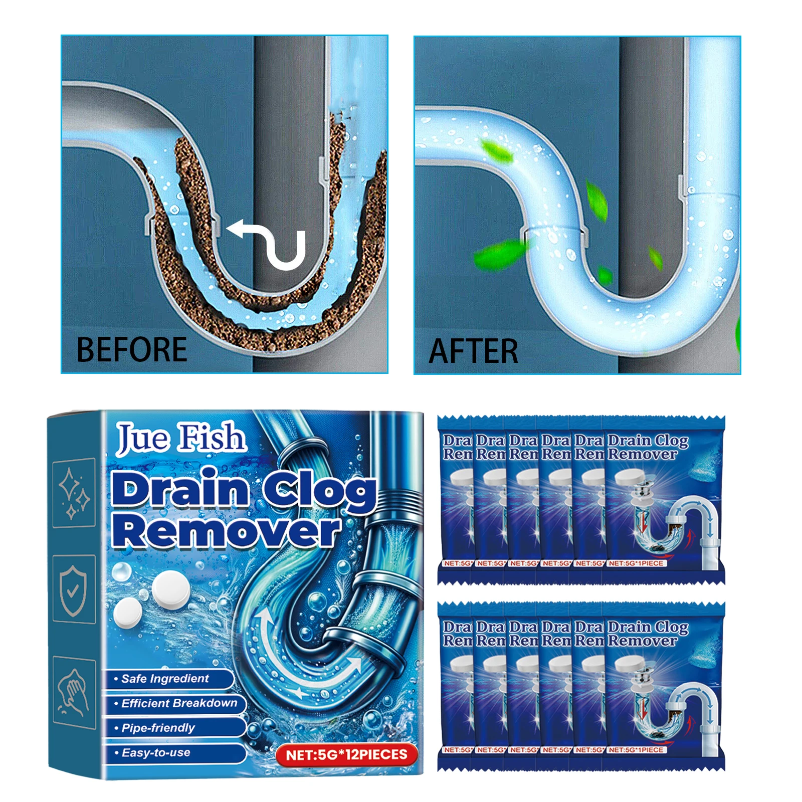 12PCS Drain Clog Remover Effervescent Tablets Quick Dissolve Stubborn Dirt Unclogging Pipe-friendly Eliminate Oodr Pipe Cleaner