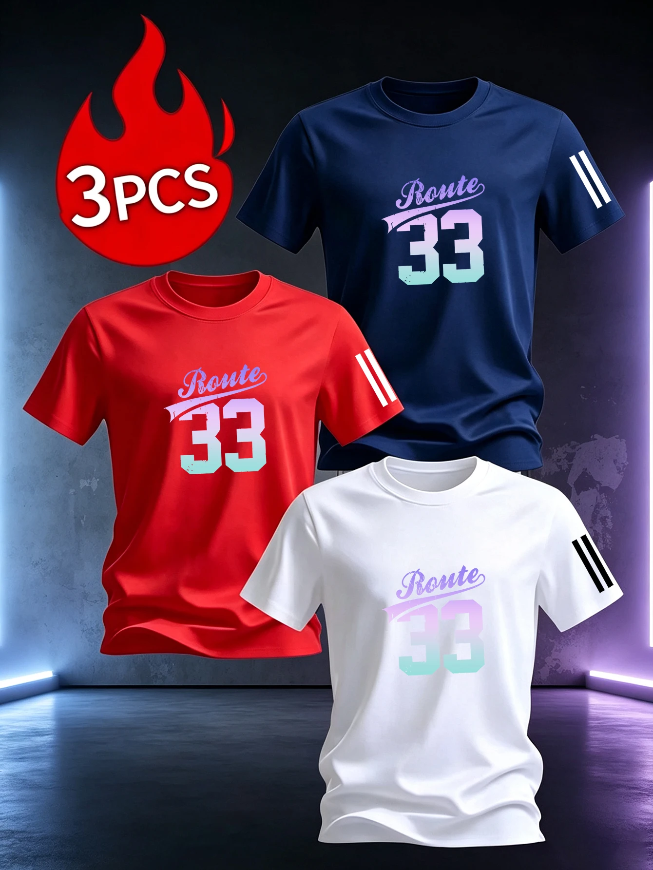 3PCS Men Route 33 Gradient Letter Number Print Crew Neck Short Sleeve Casual Daily T-Shirts