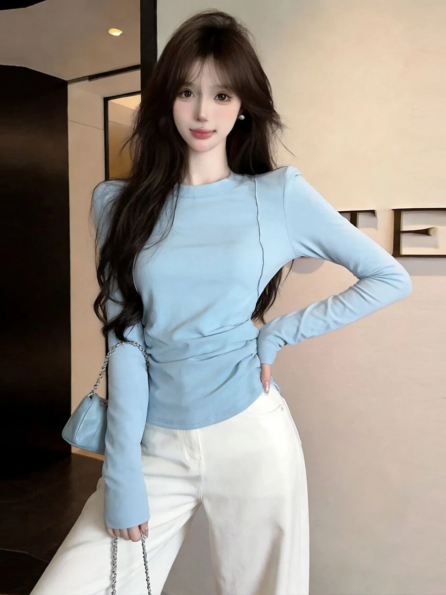Korean Style Simple round Neck Long Sleeve Slim Fit Wrinkle Waist T-Shirt Women's Base Shirt Slim Fit T-Shirt Autumn Top