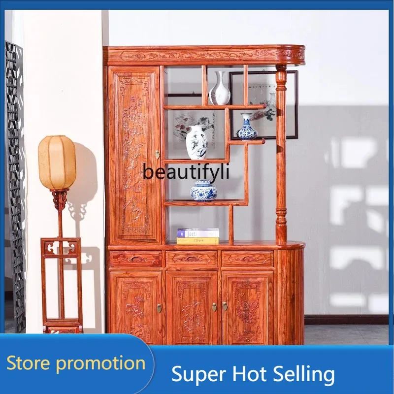 a176  New Chinese-style solid wood porch cabinet screen antique double-sided engraving enters the door shoe cabinet living room