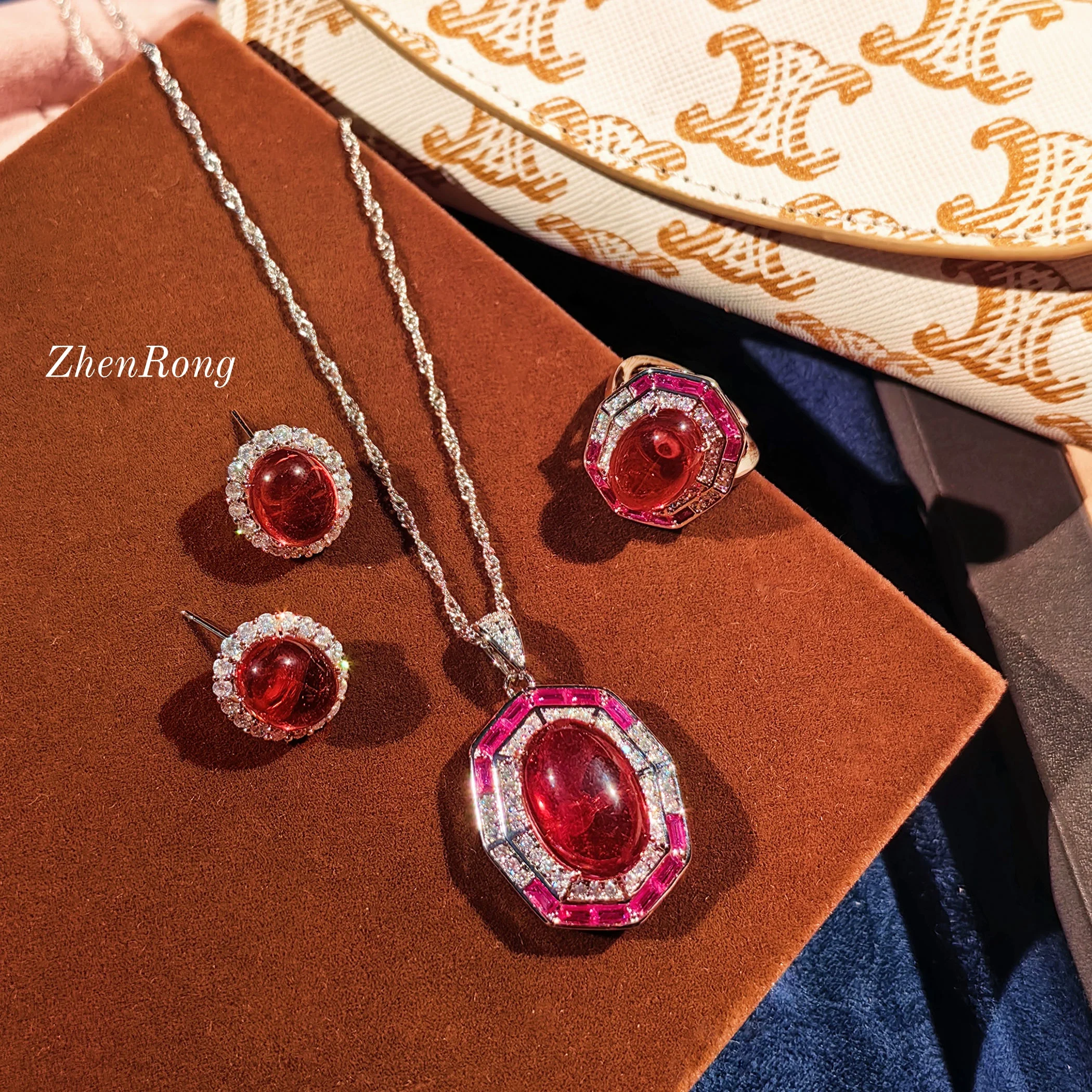 

New glossy red zircon set, exaggerated pigeon egg zircon necklace, colorful earrings, banquet jewelry
