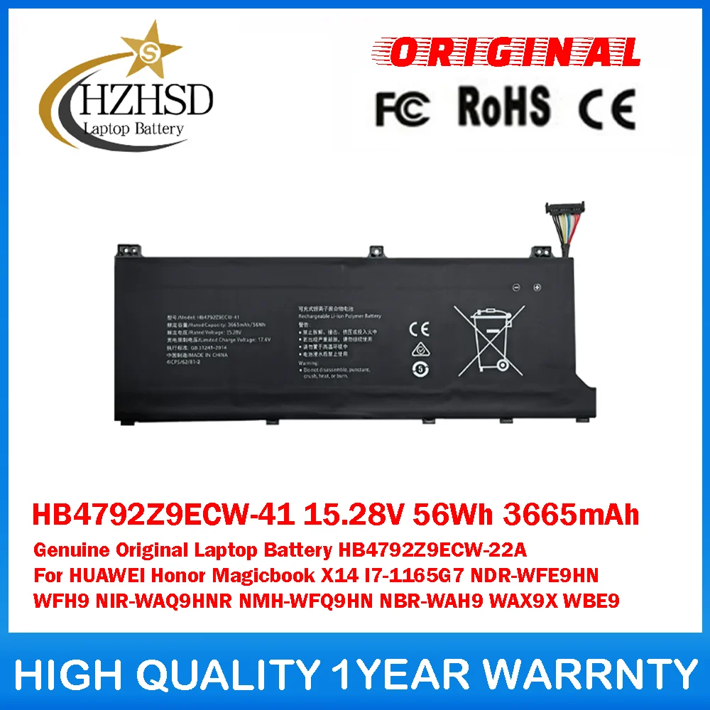 

HB4792Z9ECW-41 15,28 В 56 Втч 3665 мАч Оригинальный аккумулятор для ноутбука HB4792Z9ECW-22A для HUAWEI Honor Magicbook X14 I7-1165G7