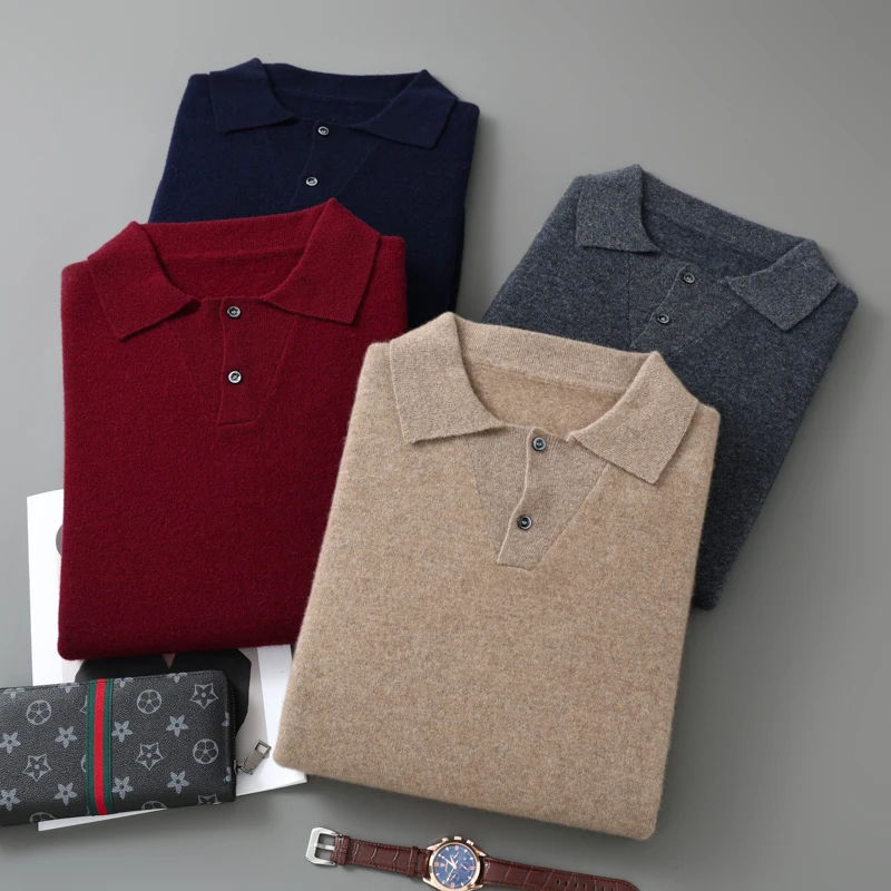 

Мужской пуловер с воротником-поло, свитер из 100% мериносовой шерсти, трикотаж, деловая повседневная удобная рубашка, весенне-осенняя мужская одежда, джемпер